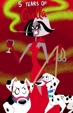 anniversary black_body black_fur black_hair black_mask black_nose black_spots clothing collar_belt dress elderly_female female feral floppy_ears fur gloves group hair handwear heterochromatic_ears male markings multicolored_hair muzzle_(object) pink_inner_ear red_clothing red_dress red_gloves red_handwear smoking spots spotted_body spotted_fur trio two_tone_hair white_body white_fur white_hair danukistudio 101_dalmatian_street 101_dalmatians cruella_(2021_film) disney cruella_de_vil delilah_(101_dalmatians) doug_(101_dalmatians) canid canine canis dalmatian domestic_dog human mammal 2026 absurd_res hi_res