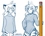 ahoge anthro bottomless cloning clothed clothing creating_art derp_eyes different_artstyle duo eraser eyebrow_through_hair eyebrows female footprint hair holding_object holding_pencil long_hair looking_at_another oversized_clothing pawprint pencil_(object) simple_background smile square_crossover striped_body stripes sweater tail text topwear topwear_only translucent translucent_hair white_background conditional_dnp tom_fischbach twokinds flora_(twokinds) felid keidran mammal pantherine tiger 2024 adobe_photoshop_(artwork) digital_media_(artwork) english_text hi_res partially_colored sketch