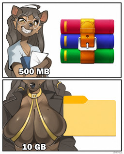 anthro biped breasts brown_body brown_fur clothed clothed_anthro clothed_female clothing eyewear female front_view fur glasses hair looking_at_viewer simple_background smile solo teeth yarney decompressed_file_meme winrar hyena mammal 2026 digital_drawing_(artwork) digital_media_(artwork) hi_res