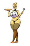 anthro avian_feet beak big_breasts black_clothing black_panties black_underwear blonde_hair breasts cheek_tuft clothing eyelashes facial_tuft feathers female fingers food front_view hair head_feathers head_tuft holding_food holding_object holding_pizza holding_pizza_cutter holding_plate huge_breasts legwear looking_at_viewer machine navel orange_body panties pizza purple_eyes short_hair simple_background slightly_chubby smile solo stockings tail tail_feathers text text_on_clothing text_on_topwear topwear tuft underwear white_background white_clothing white_topwear yellow_body yellow_feathers hxveuseenmypen five_nights_at_freddy's scottgames chica_(fnaf) animatronic avian bird chicken galliform gallus_(genus) phasianid robot 2024 absurd_res digital_media_(artwork) hi_res