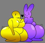 anthro big_breasts big_butt black_heart breasts butt duo eyelashes featureless_breasts female food glistening glistening_breasts glistening_butt grey_background heart_symbol holidays huge_butt kneeling nude nude_anthro nude_female purple_body scut_tail seiza short_tail simple_background sitting tail thick_thighs yellow_body lucaslora easter peeps avian bird chicken food_creature galliform gallus_(genus) lagomorph leporid mammal phasianid rabbit 2025 hi_res