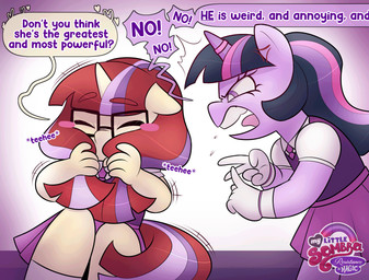 accessory anthro blush bodily_fluids bottomwear clothing covering covering_face cross-popping_vein dripping duo eyewear female glasses gloves handwear horn necktie saliva saliva_drip simple_background skirt transphobia xconitox friendship_is_magic hasbro my_little_pony mythology moondancer_(mlp) twilight_sparkle_(mlp) equid equine mammal mythological_creature mythological_equine unicorn hi_res