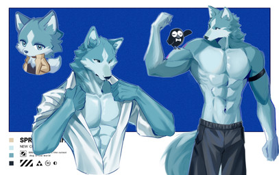 abs anthro armband athletic athletic_anthro athletic_male beak bicep_curl biceps biped black_body black_bottomwear black_clothing black_nose black_pants black_shirt black_topwear blue_background blue_body blue_eyes blue_fur bottomwear bow_tie cheek_tuft clothed clothing coat facial_tuft fur inner_ear_fluff male muscular muscular_anthro muscular_male navel open_clothing open_shirt open_topwear pants pecs shirt simple_background solo tail tan_clothing tan_coat tan_topwear text toony topwear tuft white_body white_clothing white_fur white_shirt white_topwear dxmdwq764027 brand_new_animal studio_trigger kuro_(brand_new_animal) shirou_ogami avian bird canid canine canis corvid mammal oscine passerine wolf absurd_res english_text hi_res icon