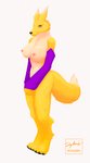 anthro arm_warmers armwear breasts clothing female fur looking_at_viewer nipples nude simple_background smile solo yellow_body yellow_fur dezhowls bandai_namco digimon canid canine digimon_(species) mammal renamon absurd_res hi_res