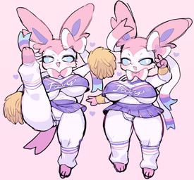3_toes 4_fingers anthro anthrofied big_breasts big_ears biped black_eyebrows blue_sclera blush blush_lines bottomwear bow_(anatomy) breasts cheek_tuft cheerleader cheerleader_outfit clothed clothed_anthro clothed_female clothing double_v_sign eyebrows eyelashes facial_tuft fangs feet female female_anthro fingers footwear fur gesture hand_gesture looking_at_viewer multicolored_body multicolored_bottomwear multicolored_clothing multicolored_footwear multicolored_fur multicolored_shirt multicolored_skirt multicolored_socks multicolored_topwear nipple_outline one_leg_up open_mouth panties pink_background pink_body pink_bottomwear pink_clothing pink_footwear pink_fur pink_shirt pink_skirt pink_socks pink_tail pink_topwear pom_poms purple_bottomwear purple_clothing purple_footwear purple_inner_ear purple_shirt purple_skirt purple_socks purple_topwear raised_leg ribbons_(anatomy) shirt simple_background skirt small_nose socks solo sweatband tail teeth text text_on_clothing text_on_shirt text_on_topwear thick_thighs thin_eyebrows toes topwear tuft two_tone_bottomwear two_tone_clothing two_tone_skirt under_boob underwear upskirt v_sign white_body white_clothing white_eyes white_footwear white_fur white_panties white_shirt white_socks white_topwear white_underwear wristband rikose nintendo pokemon eeveelution generation_6_pokemon pokemon_(species) sylveon 2026 digital_drawing_(artwork) digital_media_(artwork)
