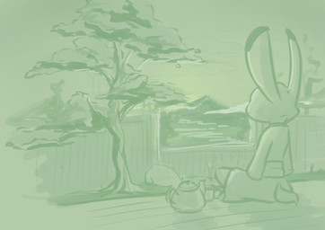 ambiguous_gender anthro asian_clothing biped clothed clothing container cup dipstick_ears ear_markings east_asian_clothing furgonomics japan japanese_clothing multicolored_ears outside plant rear_view sitting solo tail tail_clothing tea_cup teapot tree yukata ittybittykittytittys disney zootopia judy_hopps lagomorph leporid mammal rabbit 2018 hi_res monochrome