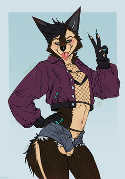 anthro biped black_body black_fur black_hair blush bodily_fluids bottomwear brown_body brown_fur bulge clothed clothing colored_nails crop_top crossdressing denim denim_bottomwear denim_clothing denim_shorts femboy fishnet_clothing fishnet_leggings fishnet_legwear fishnet_topwear fur gesture green_eyes hair hand_gesture hand_on_hip hotpants jacket leggings legwear looking_at_viewer male male_anthro nails navel open_clothing piercing shirt shorts simple_background smile solo standing tail tan_body tan_fur tongue tongue_out topwear tuft underwear v_sign milajanh canid canine canis domestic_dog mammal wolf 2025 absurd_res digital_media_(artwork) hi_res