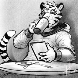 anthro claws clothed clothing container cup cutlery drinking finger_claws front_view furniture head_tuft holding_container holding_cup holding_mug holding_object holding_tablet hoodie kitchen_utensils male male_anthro markings mug narrowed_eyes plate simple_background slim_anthro slim_male solo spoon striped_markings striped_tail stripes table tail tail_markings text tools topwear tuft hufnaar hufnaar_(character) felid mammal pantherine tiger 1:1 2017 dated english_text hi_res monochrome sketch