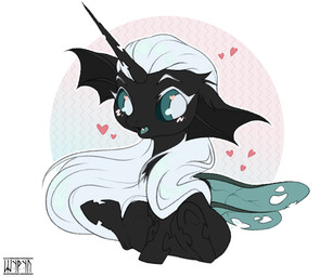 big_eyes black_body blue_eyes chibi female feral hair happy heart_eyes heart_symbol horn long_hair looking_at_viewer looking_pleasured smile solo wings shyryp friendship_is_magic hasbro my_little_pony mythology starlight_vine arthropod changeling_(mlp) equid equine mammal 6:5 absurd_res digital_media_(artwork) hi_res