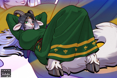2_horns anthro big_breasts biped black_hair blue_eyes blue_hair breasts clothed clothing curved_horn dress female female_anthro fur gradient_hair green_clothing green_dress green_eyes grey_hair hair hands_behind_head heterochromia hooves horn huge_breasts long_hair long_tail looking_at_viewer lying on_back ridged_horn smile solo tail white_body white_fur mariart elowen_(mariart) bovid caprine goat mammal 2025 3:2 digital_media_(artwork) hi_res