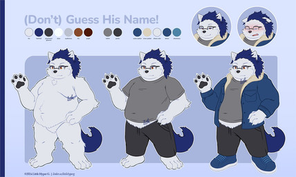 anthro belly belly_peeking_out black_pawpads blue_hair blush brown_iris clothing eyewear footwear glasses hair jacket long_pants male navy_hair nude pawpads shirt shoes slightly_chubby slightly_chubby_male solo t-shirt topwear wearing_glasses white_body littlehyper canid canine canis domestic_dog mammal nordic_sled_dog samoyed spitz model_sheet