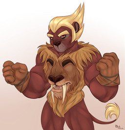 5_fingers belly_mouth blonde_hair body_horror brown_body brown_nose chest_mouth clothed clothing dark_body dark_skin eyebrows eyeless fangs fingers frown fur fur_clothing gloves hair handwear lion_ears male mouthless multicolored_body muscular muscular_male open_mouth red_eyes round_ears sabertooth_(anatomy) sharp_teeth simple_background solo tail tail_tuft teeth text thick_eyebrows tongue tuft whisker_spots whiskers pollech hero:_108 nain_(hero:_108) animal_humanoid felid felid_humanoid humanoid lion_humanoid mammal mammal_humanoid monster monstrous_humanoid pantherine pantherine_humanoid 2018 digital_media_(artwork) hi_res