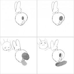 anthro anus balls bodily_fluids border butt clenched_teeth crowning_feces excessive_feces eyes_closed feces feces_on_ground feces_pile four_frame_image fur gaping gaping_anus genitals hyper hyper_feces long_ears looking_back male male_pooping nude nude_anthro nude_male pooping pooping_on_floor scatplay scut_tail short_tail solo sweat tail teeth white_border tiosqr lagomorph leporid mammal rabbit comic hi_res monochrome