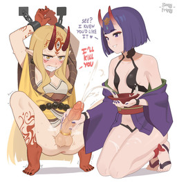 accessory angry arms_above_head balls bared_teeth blonde_hair blush bodily_fluids bound bowl breasts clothing cock_ring container crouching cuff_(restraint) cuffed_wrists cum cum_in_bowl cum_in_container cumshot dominant dominant_female dominant_humanoid dress duo ejaculation erection female genital_fluids genitals gynomorph gynomorph/female hair handjob hands_above_head hands_tied heart_symbol horn humanoid_genitalia humanoid_on_humanoid humanoid_penis humanoid_pointy_ears intersex intersex/female jewelry kneeling long_hair not_furry penile penis penis_accessory penis_jewelry pointy_ears purple_hair restraints sex short_hair simple_background sitting spread_legs spreading submissive submissive_gynomorph submissive_humanoid submissive_intersex sweat sweatdrop teeth text white_background wrist_cuffs yellow_eyes sleepy_frippy asian_mythology east_asian_mythology fate_(series) japanese_mythology mythology type-moon assassin_shuten-douji ibaraki-douji_(fate) demon demon_humanoid humanoid oni yokai better_version_at_source english_text hi_res
