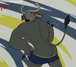 anthro bottomwear bottomwear_down butt clothed clothing fur horn looking_back male open_mouth partially_clothed rear_view shorts shorts_down shorts_only simple_background solo standing tail topless artietheartbull disney zootopia chief_bogo bovid bovine cape_buffalo mammal digital_media_(artwork) hi_res