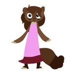 ambiguous_gender anthro big_eyes brown_body brown_fur brown_hair clothing dress eye_bags fur hair looking_at_viewer maroon_clothing pink_clothing pink_dress smile solo tail the_weaver pack_street martina_(weaver) mammal mustelid musteline true_musteline weasel