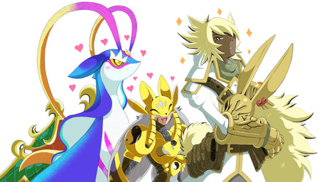 antennae_(anatomy) anthro armor attracted blonde_hair blue_body blush cape clothing female group hair headgear heart_symbol helmet male mask red_eyes trio yellow_eyes yellow_sclera portugueselynx bandai_namco digimon mythology diarbbitmon digimon_(species) dragon humanoid mythological_creature mythological_scalie ryugumon sakuyamon scalie hi_res