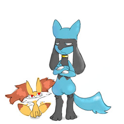 ambiguous_gender anthro black_body black_fur black_nose blue_body blue_eyes blue_fur duo feral fluffy funny_face fur happy red_body red_fur serious_face size_difference tail tail_motion tailwag yellow_body young junaraar nintendo pokemon fennekin generation_4_pokemon generation_6_pokemon pokemon_(species) riolu 1:1 hi_res
