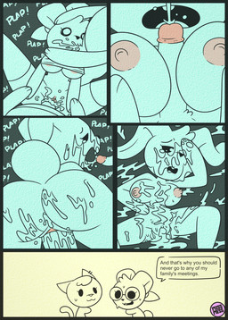 after_sex anthro bodily_fluids breast_play breasts clothed clothing cum cum_covered cum_in_mouth cum_in_vagina cum_inside cum_on_breasts dialogue fellatio female gangbang genital_fluids genitals group group_sex male messy nipples oral partially_clothed penile penis questionable_consent sex speech_bubble spitroast titfuck vaginal vulva missmess laidy_liebre_(missmess) mizzy_meows_(missmess) lagomorph leporid mammal rabbit comic hi_res incest_(lore)