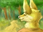 anthro big_ears fluffy forest fur male outside plant smile solo tree valley yellow_body yellow_fur fennefox utro canid canine fox mammal 4:3