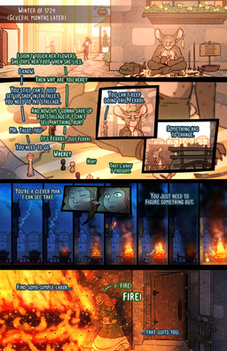 anthro arson chess dialogue fantasy fire guard male outside thief fek the_sparks_of_daybreak fekkri_talot catfolk human mammal absurd_res comic hi_res