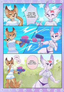 anthro areola biped breasts brown_body brown_fur clothed clothing detailed_background dialogue duo female fluffy fluffy_tail fur nipples outside shirt speech_bubble striped_body striped_fur stripes tail text thick_thighs three-quarter_view topwear toy toy_gun water_gun wet wet_body white_body white_fur rin_tyan blizzard_entertainment warcraft flakey_the_vulpera nidsi_the_vulpera canid canine fox mammal vulpera comic english_text hi_res