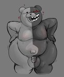 anthro anthrofied balls belly big_balls big_balls_small_penis big_belly black_body black_fur bodily_fluids disproportionate_genitalia flaccid fur genetic_chimerism genitals grey_background hands_on_hips heart_symbol male moobs navel nipples open_mouth outie_navel penis plushie red_eyes round_ears sharp_teeth short_stack simple_background small_penis solo split_form sweat sweaty_balls sweaty_genitalia teeth white_body white_fur wide_hips locitony danganronpa spike_chunsoft monokuma animate_inanimate bear living_plushie mammal 2023 hi_res