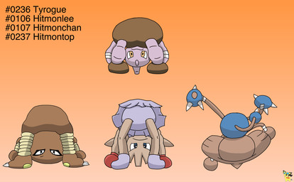 ambiguous_gender blue_body bottomwear boxing_gloves brown_body butt clothing evolutionary_family group handwear logo looking_through looking_through_legs orange_background purple_body simple_background skirt text pichu90 nintendo pokemon generation_1_pokemon generation_2_pokemon hitmonchan hitmonlee hitmontop pokemon_(species) tyrogue artist_logo english_text hi_res