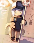 ambiguous_gender anthro clothing disappointed fur hair hat headgear headwear hoodie looking_at_watch paws shadow signpost simple_background solo tan_body tan_fur text topwear white_hair yellow_eyes skalelsky made_in_abyss nanachi narehate absurd_res digital_media_(artwork) hi_res