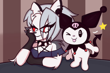 anthro chibi clothing collar duo ear_piercing female female/female fur gloves handwear looking_at_another one_eye_closed piercing red_sclera spade_tail spiked_collar spikes tail tongue tongue_out wink blackmore hellaverse helluva_boss mythology onegai_my_melody sanrio kuromi loona_(helluva_boss) canid canid_demon canine demon hellhound lagomorph leporid mammal mythological_canine mythological_creature rabbit hi_res