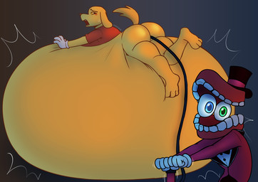 air_inflation air_pump anthro belly belly_bed big_belly big_butt bodily_fluids bottomless butt clothed clothing duo fur gloves handwear hat headgear headwear heterochromia hose hose_in_butt huge_belly hyper hyper_belly inflation looking_at_viewer male motion_lines open_mouth red_clothing red_shirt red_topwear shirt suit sweat sweatdrop top_hat topwear yellow_body yellow_fur yellow_sclera v1sage glitch_productions the_amazing_digital_circus caine_(tadc) scratch_(tadc) animate_inanimate canid canine canis domestic_dog mammal tooth_creature 2026 absurd_res hi_res