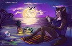 anthro beach beach_towel beverage bottomwear brown_body brown_fur brown_hair claws clothing cocktail_garnish cocktail_umbrella colored_nails colored_toenails eyewear fangs feet female flying full_moon fur glowstick hair jack-o'-lantern long_hair looking_at_viewer moon nails night palm_tree plant sand seaside shirt shorts shutter_shades solo star sunglasses teeth tied_hair toenails toes topwear towel tree water moonshiftmnstrs mythology arthropod bat canid canine crab crustacean decapod malacostracan mammal mythological_canine mythological_creature werecanid werecanine werecreature werewolf hi_res