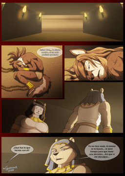 accessory anthro armor big_breasts black_hair bottomwear bracers breasts brown_body brown_fur brown_hair chain clothing cuff_(restraint) dialogue dress ear_piercing ear_ring egyptian egyptian_clothing egyptian_headdress eyes_closed fangs female fire fur group hair male muscular muscular_anthro muscular_male nemes piercing restraints ring_piercing speech_bubble tan_body tan_fur teeth text thick_thighs trio usekh white_body white_fur wide_hips wounded xxsparcoxx egyptian_mythology middle_eastern_mythology mythology bast bastet_(xxsparcoxx) sekhmet sekhmet_(xxsparcoxx) wepwawet wepwawet_(xxsparcoxx) canid canine canis deity domestic_cat felid feline felis fox lion mammal pantherine wolf 2023 comic digital_media_(artwork) hi_res spanish_text