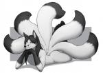 abstract_background anthro biped black_hair black_nose femboy fur gloves_(marking) hair leg_markings long_hair looking_at_viewer lying male markings multi_tail nude on_front pawpads simple_background socks_(marking) solo tail white_body white_fur accelo rynn canid canine fox mammal greyscale monochrome