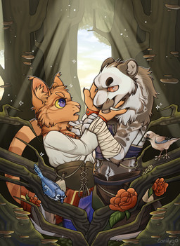 anthro duo female female/female flower forest kissing licking light plant sun sunlight tongue tree conhugo avian bird domestic_cat felid feline felis mammal pantherine tiger absurd_res hi_res