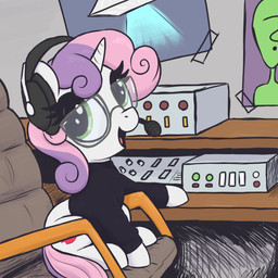 chair clothed clothing detailed_background electronics eyelashes female feral furniture green_eyes hair headgear headphones headset horn inside multicolored_hair open_mouth pupils quadruped sitting smile solo three-quarter_view two_tone_hair white_body young young_feral t72b friendship_is_magic hasbro my_little_pony mythology anon sweetie_belle_(mlp) equid equine mammal mythological_creature mythological_equine unicorn 1:1 2025 absurd_res hi_res