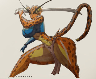 abs anthro armor big_butt boob_armor bottomwear butt clothing eyebrows female gauntlets gloves handwear holding_object holding_weapon leopard_spots loincloth long_eyebrows melee_weapon muscular muscular_female scimitar solo spots sword thick_thighs weapon hiverdose last_fables lieren_(last_fables) felid leopard mammal pantherine hi_res traditional_media_(artwork)