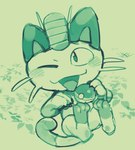 ambiguous_gender anthro blush blush_lines blush_stickers claws coin grass leaf looking_at_viewer lying on_back one_eye_closed pawpads plant pokeball smile solo whiskers wink masshiro nintendo pokemon generation_1_pokemon meowth pokemon_(species) 2024 hi_res monochrome