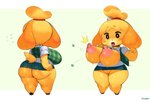 absurd_res animal_crossing anthro areola big_areola big_breasts big_butt blonde_hair bodily_fluids bottomwear breasts bursting_out_of_clothing butt button_(fastener) button_fly button_pop canid canine canis cardigan chibi clothed clothing curvy_figure digital_media_(artwork) domestic_dog emanata erect_nipples featureless_crotch feet female flash_emanata floppy_ears flying_sweatdrops forastero front_and_back fur furgonomics glistening glistening_body hair hi_res isabelle_(animal_crossing) looking_at_breasts looking_at_own_breasts looking_at_self lop_ears mammal miniskirt monotone_bottomwear monotone_clothing monotone_skirt nintendo nipples pencil_skirt ponytail rear_view shih_tzu short_stack simple_eyes skirt small_feet solo standing sweat sweatdrop tail tail_through_skirt thick_arms thick_calves thick_thighs tight_bottomwear tight_clothing tight_skirt tongue tongue_out toy_dog underbutt wardrobe_malfunction wide_hips yellow_body yellow_fur