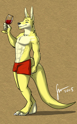 abs anthro biped black_nose blue_eyes bulge clothed clothing detailed_bulge fur grin head_tuft male male_anthro muscular muscular_anthro muscular_male narrowed_eyes pecs side_view simple_background smile solo standing topless tuft yellow_body yellow_fur hufnaar solaxe kangaroo macropod mammal marsupial 2015 5:8 dated full-length_portrait hi_res portrait signature