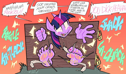 anthro blush bodily_fluids body_writing crying_laughing feathers feet female foot_focus horn humanoid_feet laugh lock offscreen_character padlock plantigrade simple_background solo tears text tickle_torture tickling oddjuice friendship_is_magic hasbro my_little_pony mythology twilight_sparkle_(mlp) equid equine mammal mythological_creature mythological_equine unicorn 2026 dated english_text