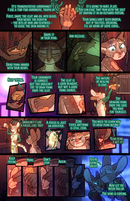 anthro blood bodily_fluids breasts bruised dialogue fantasy female healing magic male nonsexualized_young scratch text wounded fek the_sparks_of_daybreak cissa_talot fekkri_talot absurd_res comic english_text hi_res