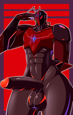 5_fingers abs antennae_(anatomy) anthro arm_spikes balls big_balls big_penis black_balls black_body black_penis broad_shoulders chest_gem elbow_spikes empty_eyes eye_scar facial_scar fingers forehead_gem front_view gem genitals gesture glans half-erect hand_behind_back humanoid_genitalia humanoid_penis led_light machine male mouthless nude pattern_background penis red_background red_eyes red_glans salute scar simple_background solo spikes spikes_(anatomy) thick_thighs wide_hips wire nobody_shapes nobody_(nobody_shapes) arthropod insect robot robot_anthro 2025 absurd_res digital_media_(artwork) hi_res portrait three-quarter_portrait