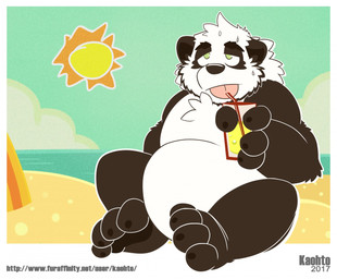 4_fingers 4_toes anthro arm_tuft barefoot beach belly bendy_straw beverage biped black_body black_fur black_text bodily_fluids border cheek_tuft chest_tuft cloud day drinking drinking_straw eyebrows facial_tuft feet fingers front_view fur green_eyes head_tuft heat_(temperature) holding_object looking_up male multicolored_body multicolored_fur nude outside pawpads paws sea seaside simple_background sitting sky slightly_chubby solo summer sun sweat text toes toony tuft two_tone_body two_tone_fur water white_body white_border white_fur kaohto bear giant_panda mammal 2017 digital_drawing_(artwork) digital_media_(artwork) signature url