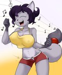 5_fingers abstract_background anthro big_breasts bottomwear breasts cleavage clothed clothing crop_top dancing dolphin_shorts female fingers fluffy fluffy_tail fur grey_body grey_fur hair highlights_(coloring) hotpants long_tail midriff motion_lines multicolored_body multicolored_fur multicolored_hair musical_note musical_symbol nipple_outline open_mouth open_smile purple_hair purple_highlights shirt short_hair shorts smile solo symbol tail topwear two_tone_hair unbuttoned_shorts yellow_clothing yellow_crop_top yellow_shirt yellow_topwear sandwich-anomaly becca_(sandwich-anomaly) canid canine fox mammal 2021 digital_drawing_(artwork) digital_media_(artwork) hi_res