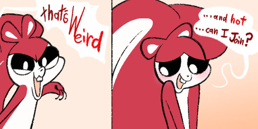 abstract_background anthro blush buckteeth dialogue fur gesture hand_gesture looking_at_viewer male multicolored_body multicolored_fur pointing red_body red_fur solo speech_bubble teeth text two_tone_body two_tone_fur white_body white_fur kaboozey chikn_nuggit hawt_saus_(chikn_nuggit) mammal rodent sciurid tree_squirrel 2023 english_text