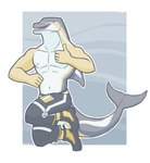 5_fingers anthro bottomwear clothing fingers footwear gesture hand_gesture looking_at_viewer male multicolored_body muscular navel nipples open_mouth pants plantigrade sharp_teeth shoes solo teeth thumbs_up snarkysardine cetacean dolphin mammal marine toothed_whale 2021 absurd_res hi_res