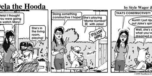 anthro bikini breasts clothed clothed_female clothing container cup dialogue duo eyewear female fur glasses gloves_(marking) hair hedge_clippers markings midriff offscreen_character sunglasses swimwear text two-piece_swimsuit style_wager dela_the_hooda dela_aldershaw sue_chan_(dela_the_hooda) canid canine fox hooda human mammal 1999 comic english_text monochrome
