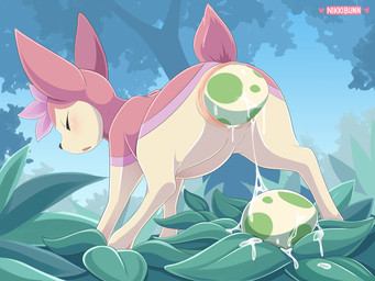 belly black_nose blush bodily_fluids countershade_face countershade_fur countershade_torso countershading detailed_background dripping egg eyes_closed female feral flower forest fur genital_fluids genitals head_flower low-angle_view markings nude open_mouth outside oviposition pink_body pink_flower pink_fur pink_markings plant pokemon_egg pregnant pregnant_female quadruped rear_view scut_tail short_tail solo standing stretched_vagina tail tan_body tan_countershading tan_fur text tree vaginal_fluid_drip vaginal_fluid_string vaginal_fluids vaginal_fluids_on_ground vaginal_oviposition vulva nikkibunn nintendo pokemon deerling generation_5_pokemon pokemon_(species) shiny_pokemon spring_deerling 2020 4:3 absurd_res artist_name digital_media_(artwork) hi_res shaded