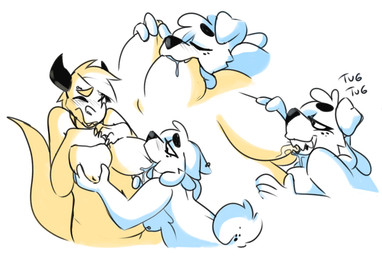 anthro anthro_on_anthro big_breasts bite blush blush_lines bodily_fluids breast_bite breast_play breast_squish breast_suck breasts duo eyes_closed female female/female fur hand_on_breast horn nipple_piercing nipples non-mammal_breasts non-mammal_nipples nude piercing saliva simple_background squish standing sucking tail text white_background pixylbyte canid canine canis domestic_dog mammal scalie unknown_species english_text